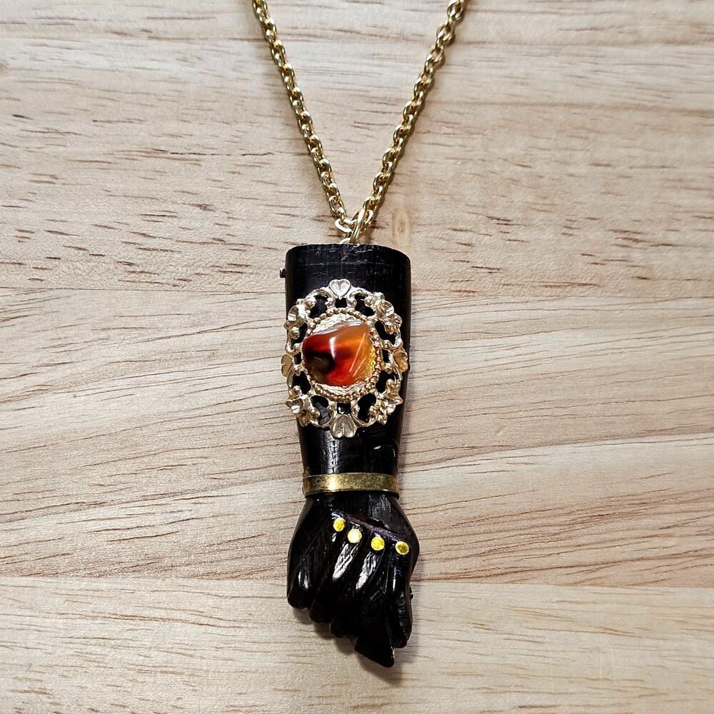 Vintage Hand Carved Mano Figa Pendant Necklace with Gold Tone Details